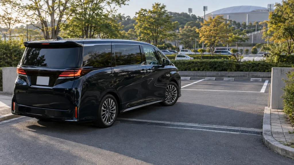 ベルーナドーム近くの駐車場へ入る黒い大型ミニバン
